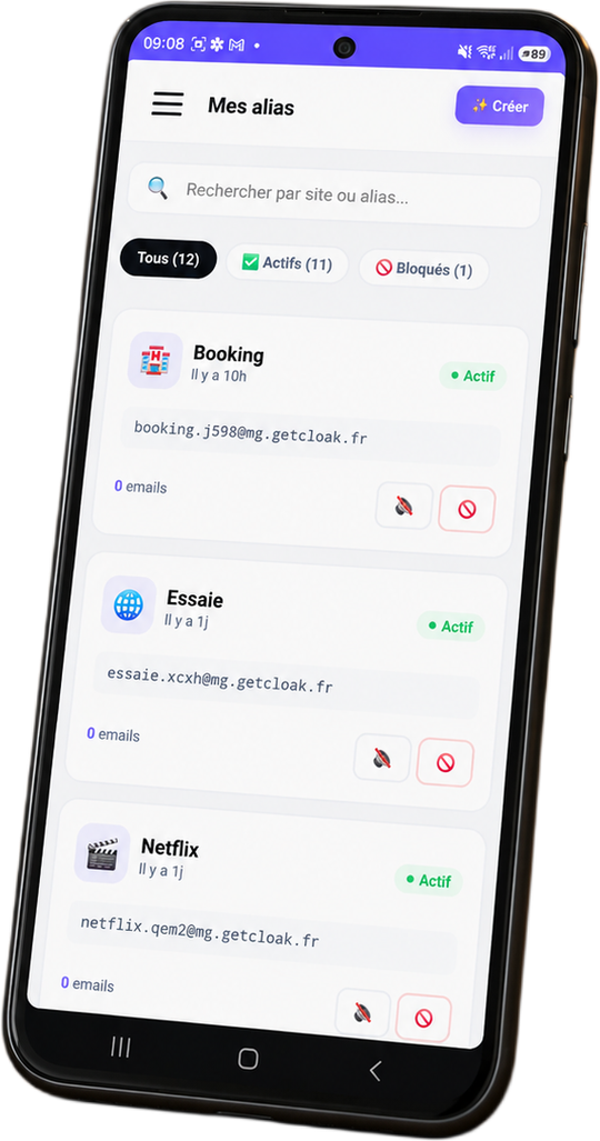 Liste des emails jetables dans Cloak