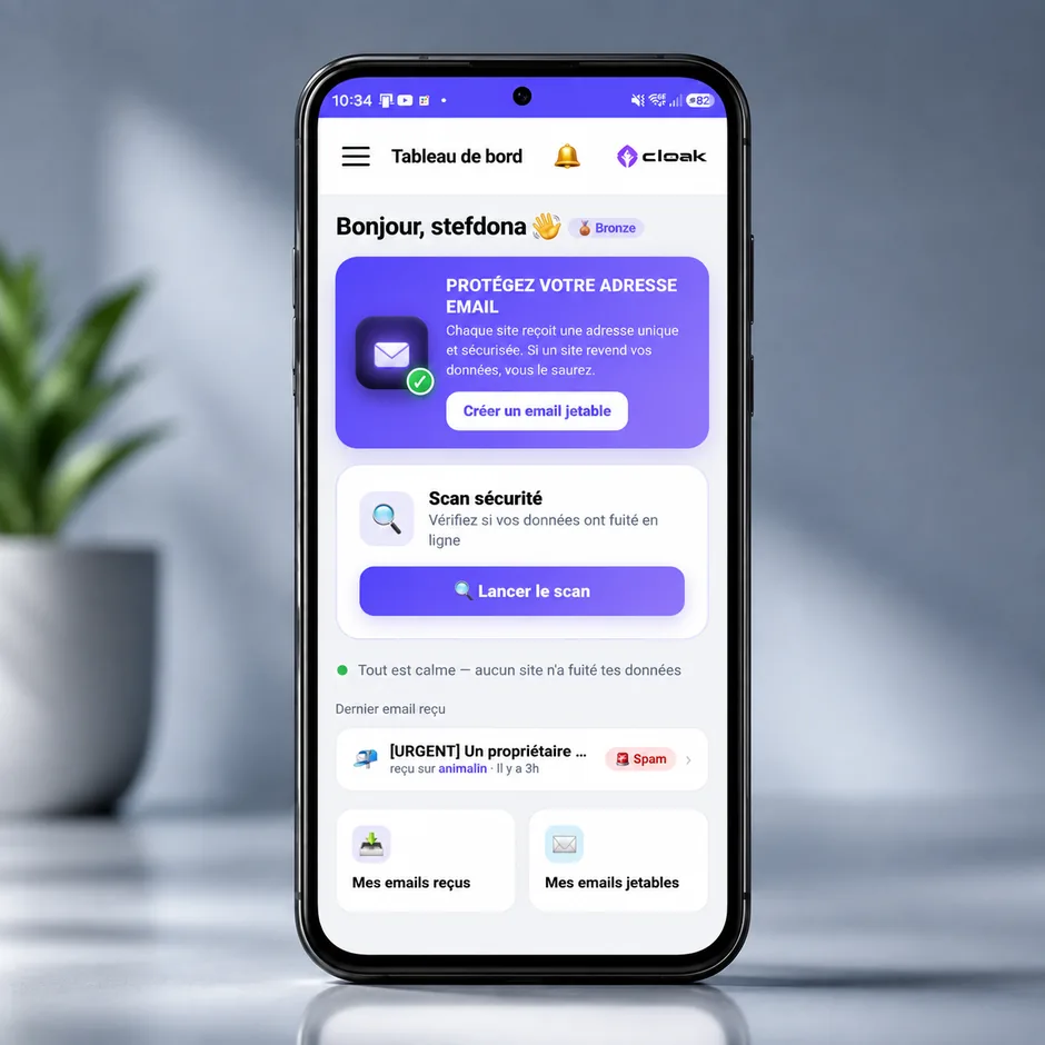 Tableau de bord Cloak sur smartphone : création d'un email jetable, scan de sécurité et dernier message reçu marqué comme spam